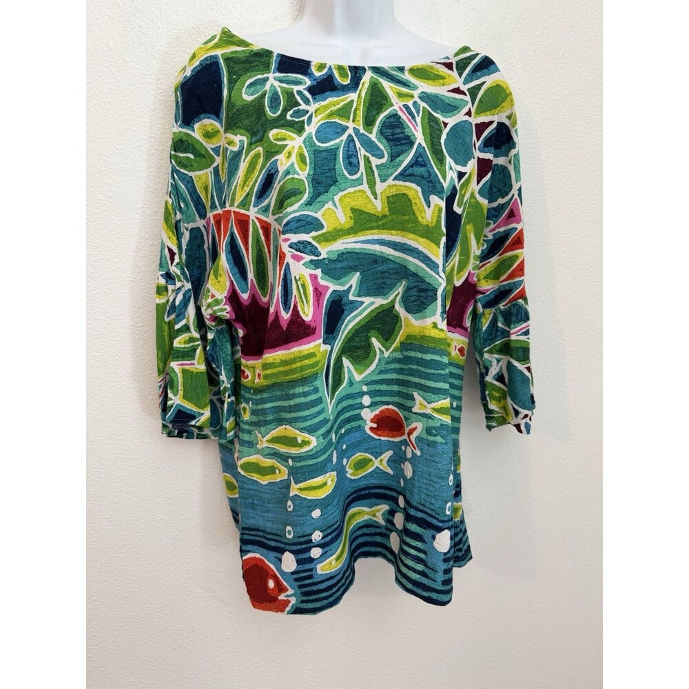 Jams World Vintage Top L Multicolor Beach 100% Rayon Hawaii Ruffle Sleeve EUC
